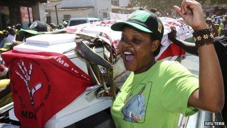 Supporters of ZANU-PF party celebrate with a coffin wrapped in a Movement for Democratic Change (MDC) flag in Mbare township, outside Harare August 4, 2013.