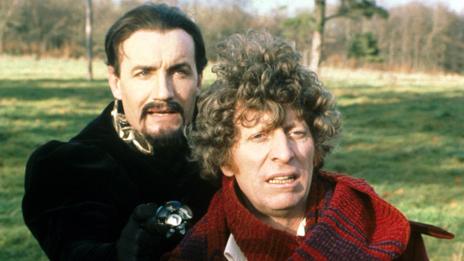 Anthony Ainley as the Master, and Tom Baker as the Doctor