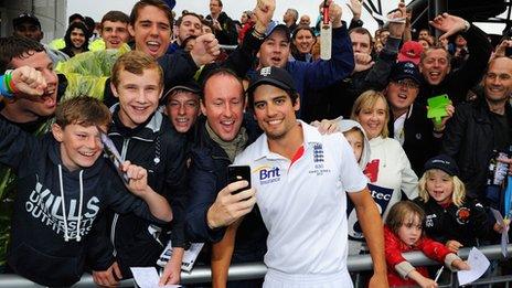 Alastair Cook celebrates with fans after England retain the Ashes