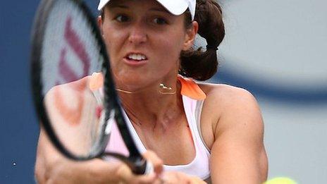 Laura Robson plays a backhand at the recent Southern California Open