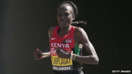 Edna Kiplagat of Kenya in action in the Womens Elite section during the Virgin London Marathon 2013 on April 21, 2013 in London, England.