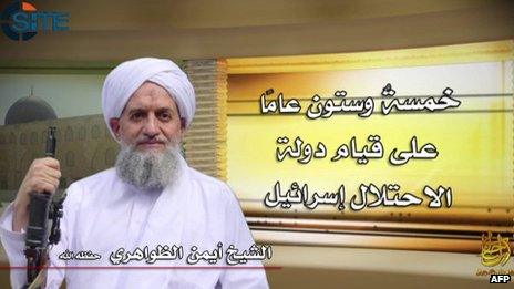 Image of Ayman al-Zawahiri released by al-Qaeda on 6 June 2013. Arabic says: "Sixty-five years since the establishment of the state of occupation Israel"