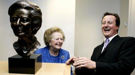 David Cameron unveiling a bust of Margaret Thatcher at the Conservative Campaign Headquarters on 18 February 2008