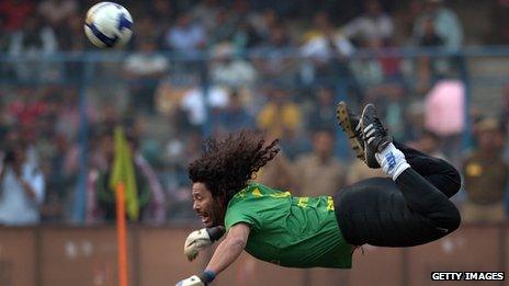 Goalkeeper Rene Higuita during an exhibition match between the Brazilian Masters and Indian All Stars on 8 December, 2012.