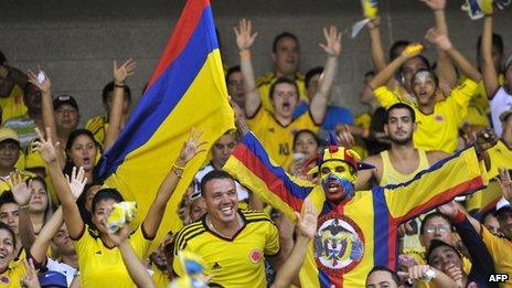 Supporters of Colombia cheer for their team before their FIFA World Cup Brazil 2014 qualifier against Peru on 11 June, 2013.