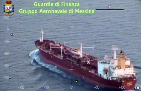 The Salamis oil tanker heading for Sicily, 7 August (still from video)