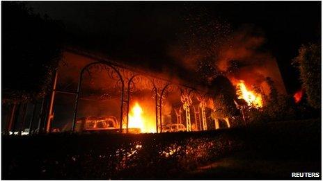 A file photo of the 11 September 2012 attack on the US consulate in Benghazi