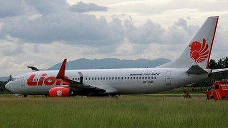 The Indonesian Lion Air passenger jet on a runway at Gorontalo airport on northern Sulawesi island (7 Aug 2013)