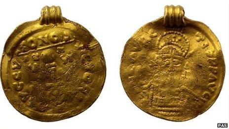 A pendant made from an imitation of a gold solidus of Maurice Tiberius