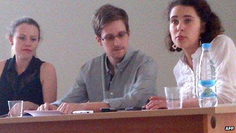 Edward Snowden, centre, in Moscow. 12 July 2013