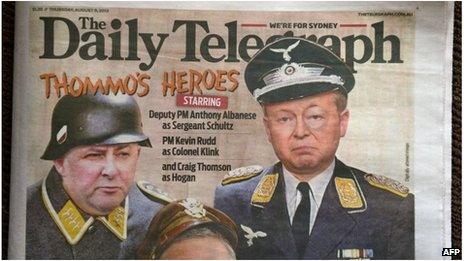 Front page of the Daily Telegraph on 8 August 2013 depicts Australian Prime Minister Kevin Rudd (R) as the bumbling Nazi TV character Colonel Klink