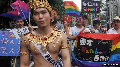 Participants in a gay parade in Taipei in October 2012