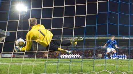 Uladzimir Bushma saves Steven MacLeand's penalty for St Johnstone