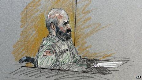 Court sketch of Maj Nidal Hasan in Fort Hood, Texas on 6 August 2013