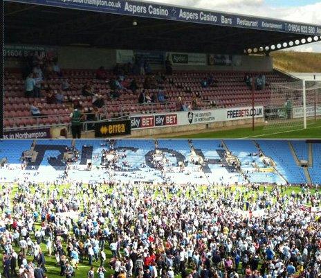 Not many fans decided to turn up at the Northampton game (top) compared to the charity match at the Ricoh Arena