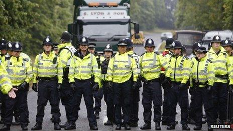 A police line at a protest in Balcombe