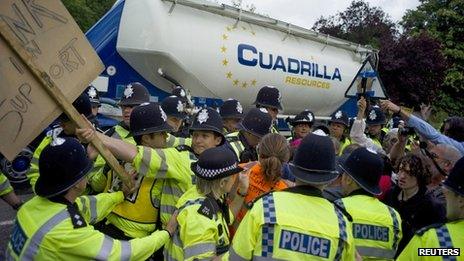 Protesters trying to get to a Cuadrilla truck in Balcombe