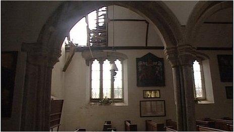 Damage in Pillaton Church roof