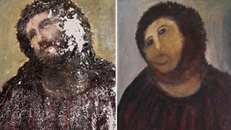 Elias Garcia Martinez's Ecce Homo (left) and the restoration