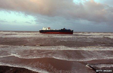 Sea ferry called 'Riverdance' is pictured beached near Blackpool after running into trouble on the Irish Sea