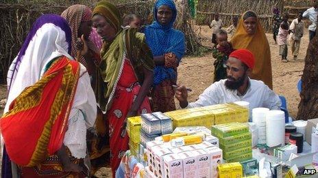 Somali women and children waiting to get medicine at a MSF-run medical clinic in the lower Shabelle region, 35km south of Somali capital, Mogadishu