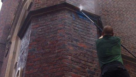 Blue paint was thrown over a pillar at St Malachy's church