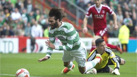 Aberdeen goalkeeper Jamie Langfield trips Georgios Samaras