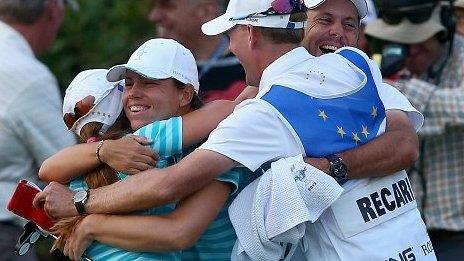 Europe celebrate winning one of the fourball matches