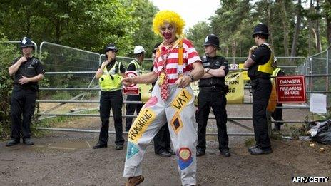 An activist dressed as a clown