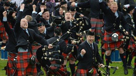 Field Marshall Montgomerie celebrate winning the 2013 World Pipe Band Championships for the third year in a row