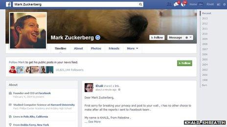 A screenshot of the message left on Mark Zuckerberg's wall