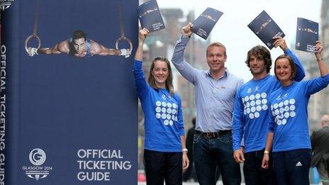 Sir Chris Hoy (second left) helps launch the Official Ticketing guide with athletes (Left to right) Jade Nimmo, Colin Gregor and Susan Egelstaff