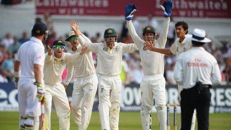 Phil Hughes, Michael Clarke, Ed Cowan, wicketkeeper Brad Haddin and Ashton Agar of Australia appeal unsuccessfully for the wicket of Stuart Broad