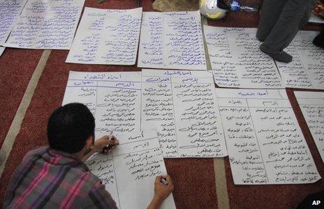 Man writes out names of those who have died