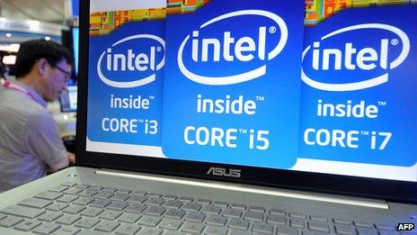 Intel logos on a computer screen