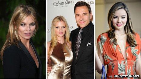 Kate Moss, Lara Stone with husband David Walliams, and Miranda Kerr