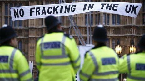 A protest against shale gas extraction at the Houses of Parliament December 2012