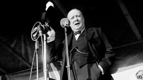 Prime Minister Winston Churchill addressing an audience of over 20,000 in London in 1945