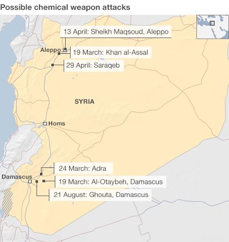 Map showing locations of alleged chemical weapon attacks in Syria