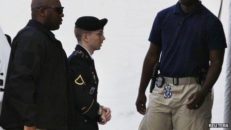 Bradley Manning is escorted into a courthouse in Fort Meade for sentencing