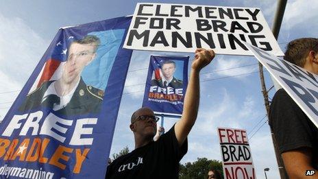 Supporters of Bradley Manning hold up banners as they protest before his sentencing