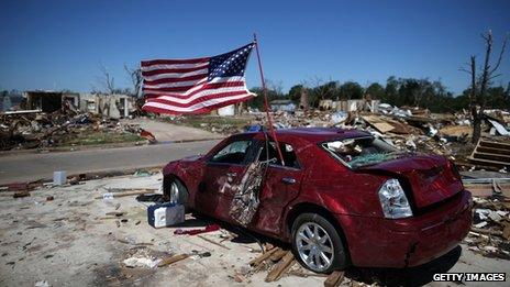 A car in an area of Oklahoma hit by this year's tornado