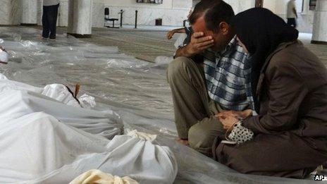 Mourners next to bodies of alleged chemical attack victims in Ghouta, Syria on Wednesday, 21 August 2013