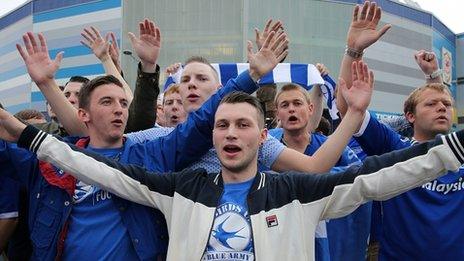 Fans at the end of the protest outside Cardiff City stadium