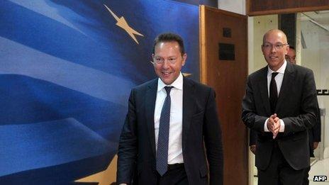 Greek Finance Minister Yannis Stournaras and Joerg Asmussen of the ECB, Athens (21 August)