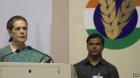 Congress Party Chairman Sonia Gandhi delivers a speech in support of the Food Security Bill on 20 August 2013