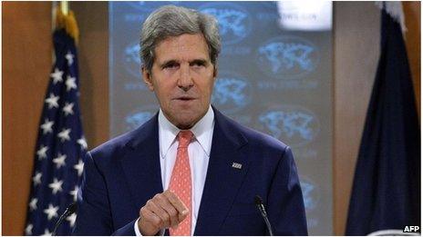 US Secretary of State John Kerry speaks at the state department in Washington DC, 27 August 2013