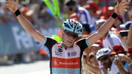 Chris Horner celebrates winning stage three of 2013 Vuelta a Espana