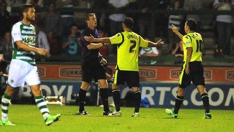 Birmingham players protest Yeovil equaliser