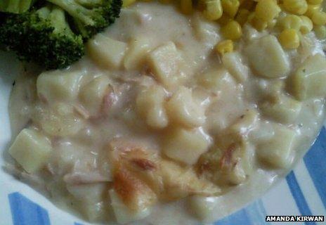 Broccoli, sweetcorn and ham and potato mix